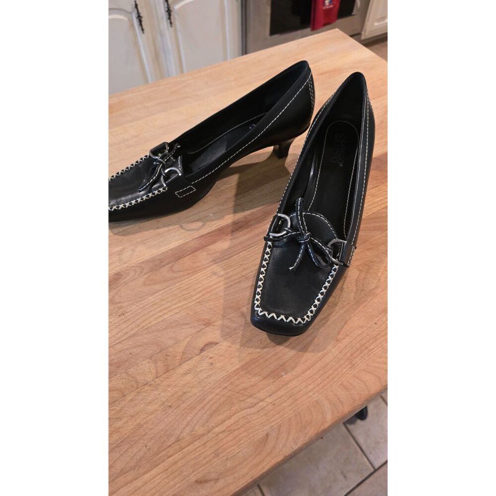 Franco Sarto Black Leather Square Toe Kitten Heels WM SZ 8.5 Whipstitch D-Rings